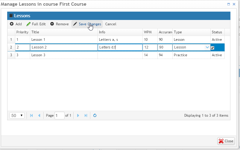 Teacher's typing portal: editing typing information text