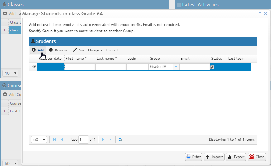 Teacher's typing portal: adding students to typing class